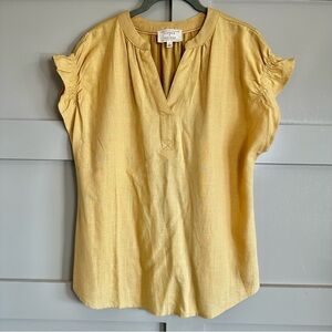 Flower & Feather Flutter Sleeve VNeck Linen Top Golden Yellow Women’s Size Large
